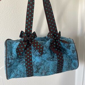 Quilted Blue Toile Convertible Shoulder Bag with Polka Dot Straps